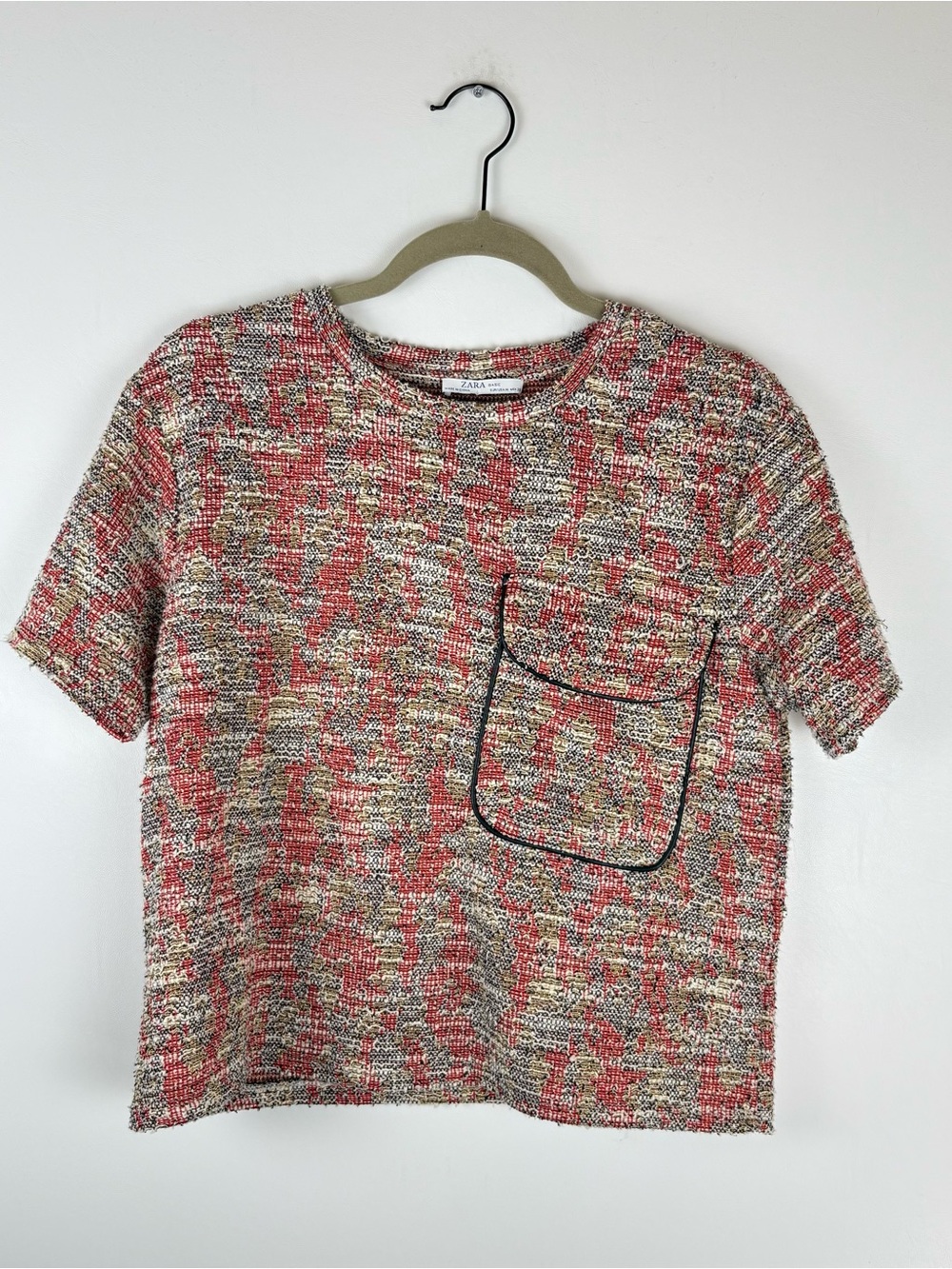 Zara Womens Medium Top Metallic Gold Tweed Knit Sweater Short Sleeve Red Blouse